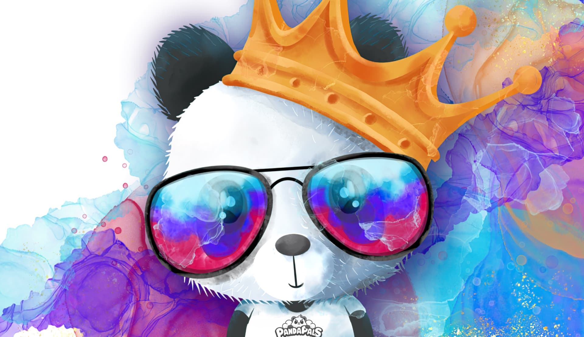 PicoPanda wearing a crown and colorful sunglasses