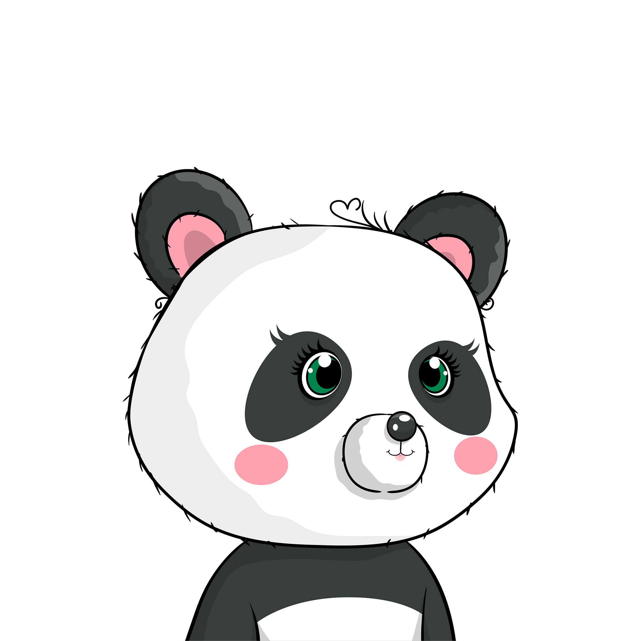 Pandarina, with white fur, green eyes, long lashes, pink cheeks and inner ears, and a hair curl shaped like a heart.